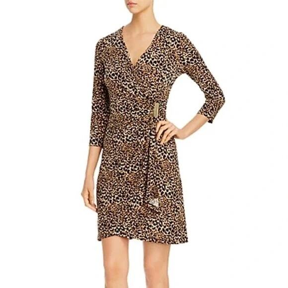 Calvin Klein Faux Wrap Dress Leopard Print 3/4 Sleeves Knee Length 12/14 0X - Picture 1 of 7